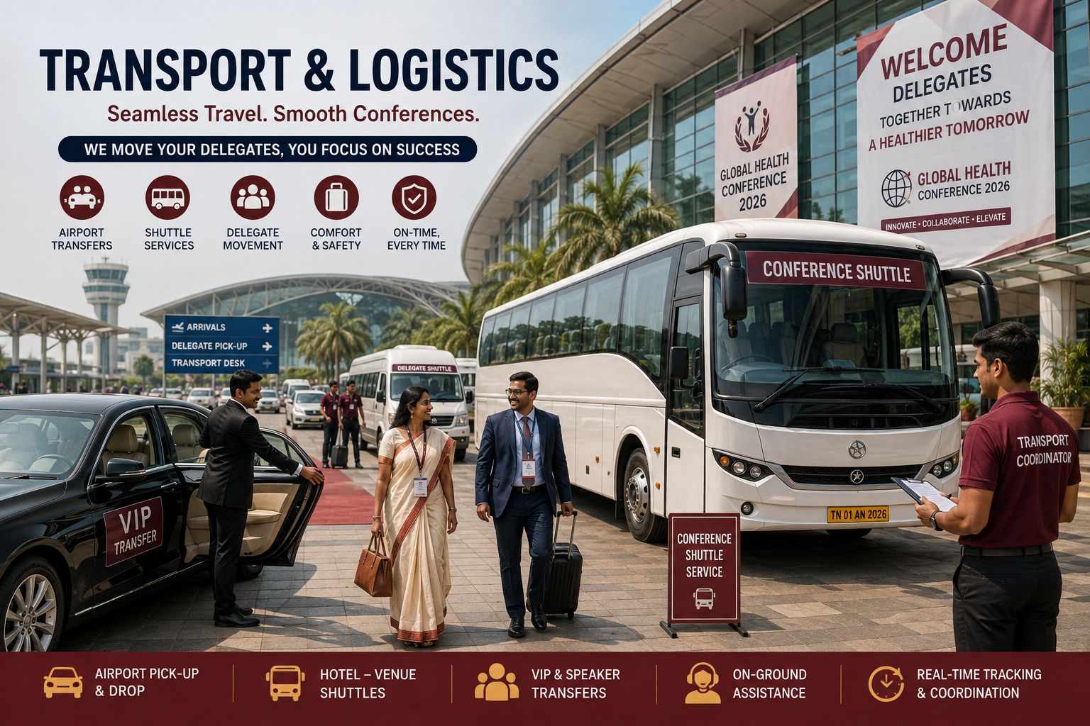 Pavithram Events transport fleet with luxury coaches, cars and hotel transfer coordination